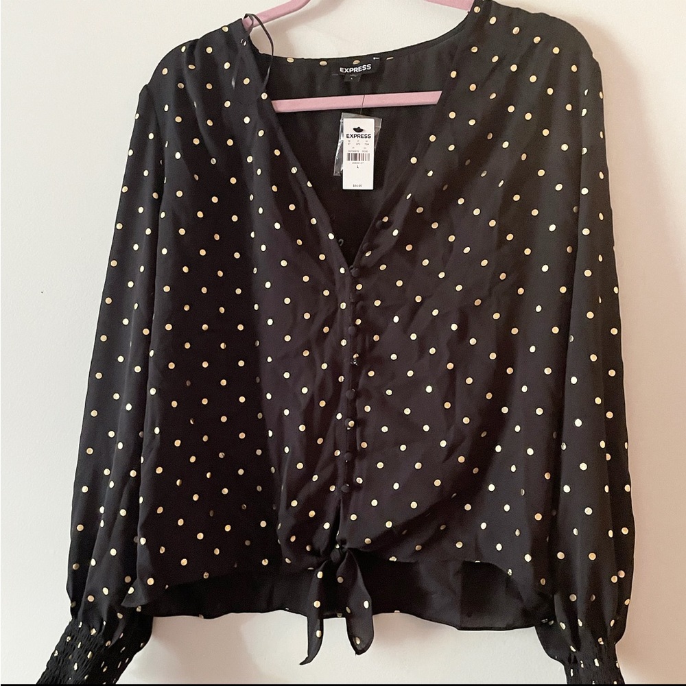 New express black gold polka dot top